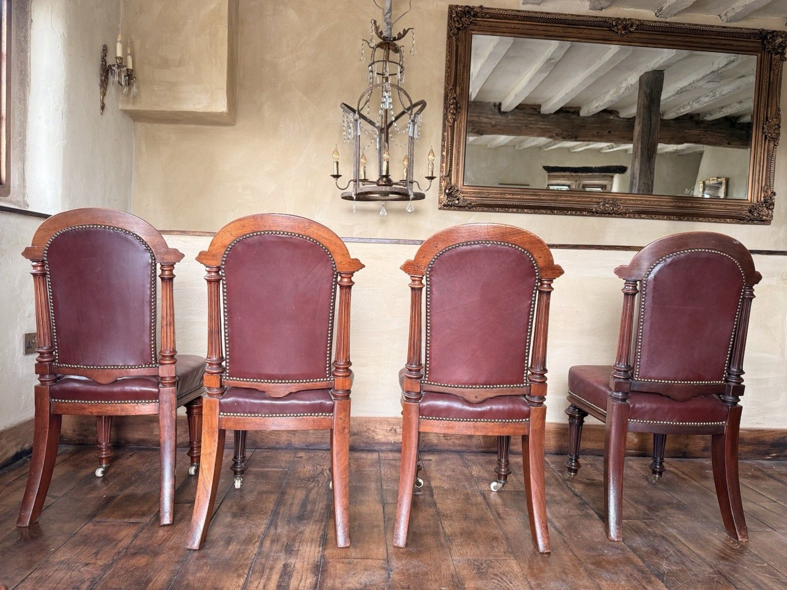 Set  4 Antique Red Aniline Red Leather Dining Chairs Manner Gillows Circa 1860 photo buy