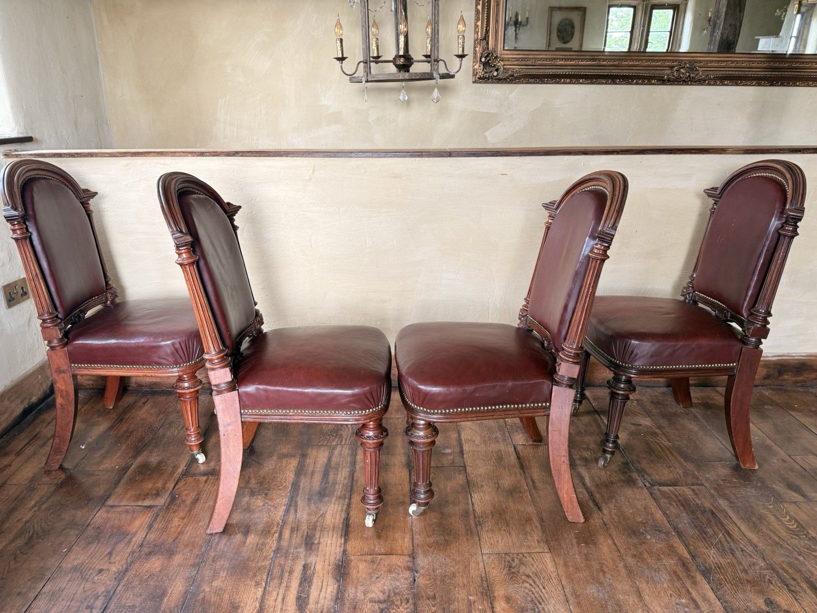 photo furniture Set  4 Antique Red Aniline Red Leather Dining Chairs Manner Gillows Circa 1860