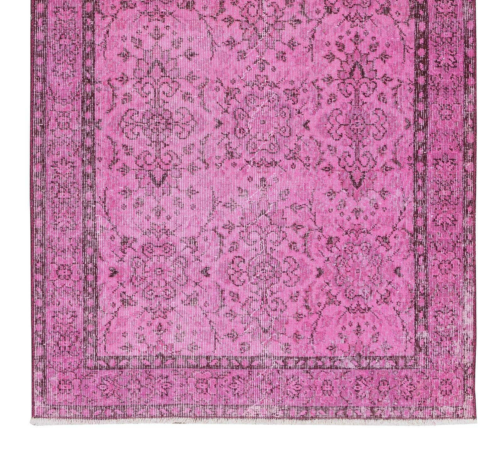 3.8x7 Ft Pink Over Dyed Rug, Floral Turkish Vintage Hand Knotted Small Carpet photo 273.0