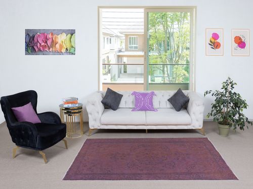 4.6x8 Ft Hand Made Purple Floor Rug From Turkey, Redyed Carpet For Living Room photo furniture