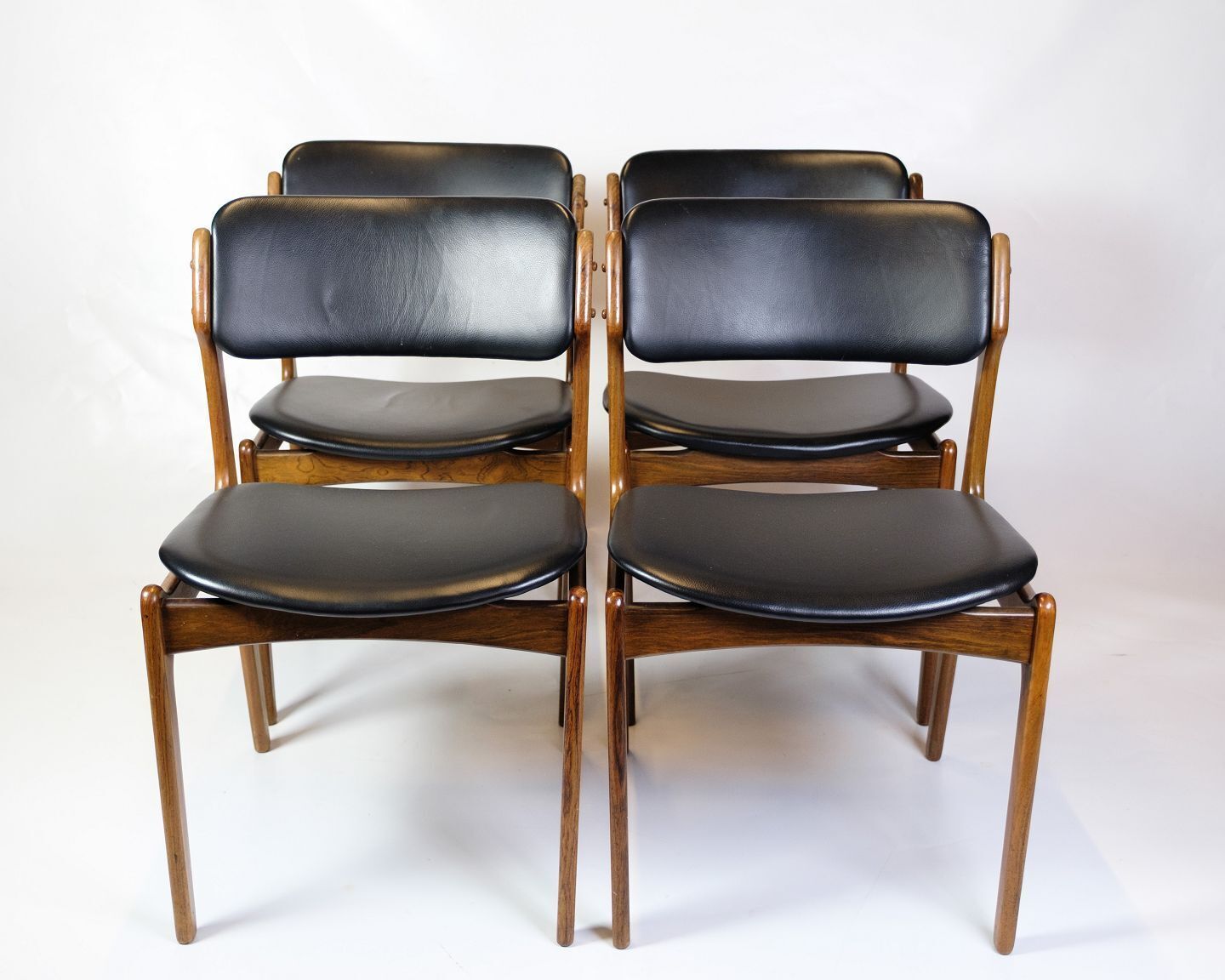 Set Of Four Dining Chairs Model Od49 In Rosewood & Black Leather By Erik Buch For Od Furniture From 1950s