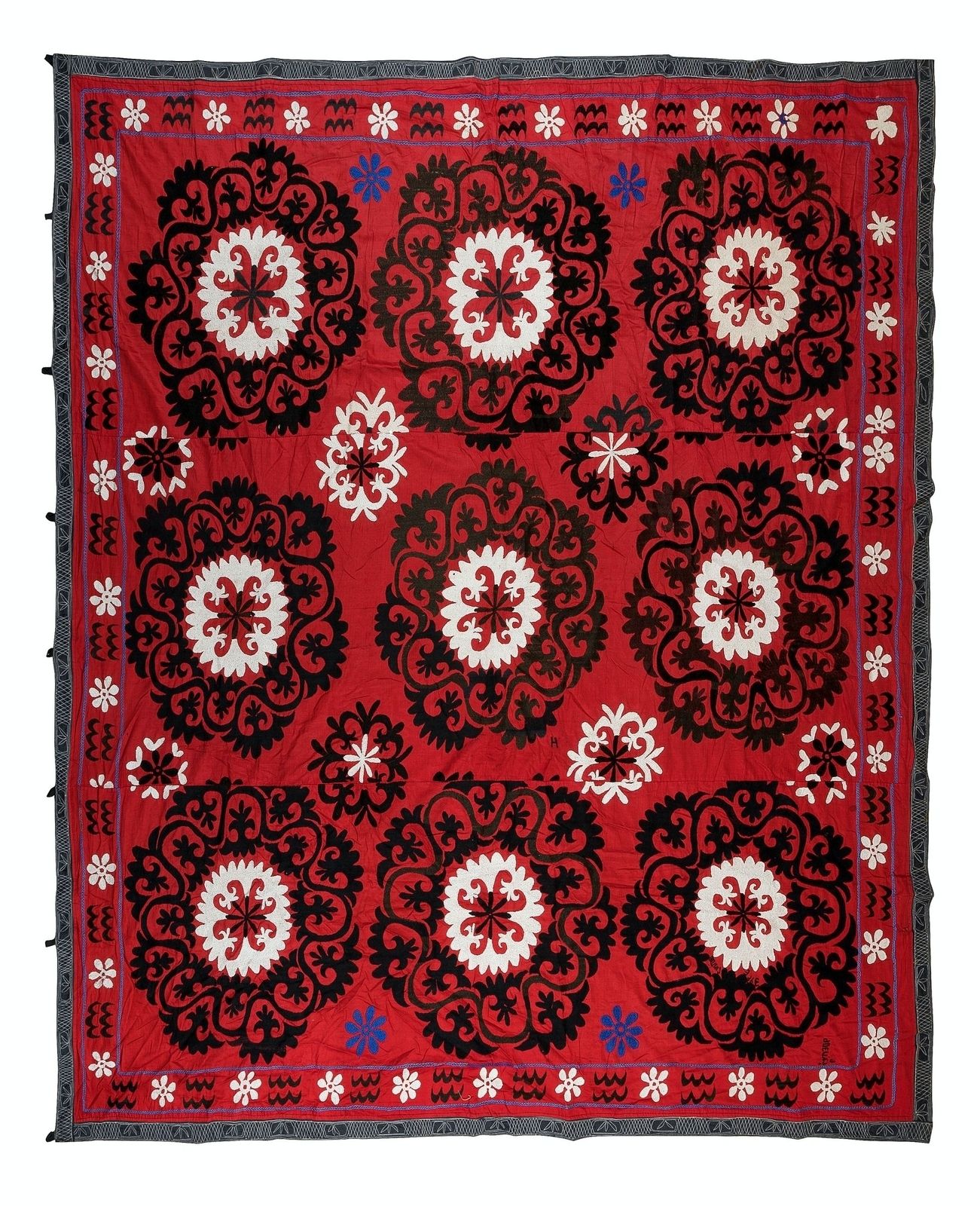7.3x7.4 Ft Vintage Asian Suzani Wall Hanging, Silk Hand Embroidery Bed Cover