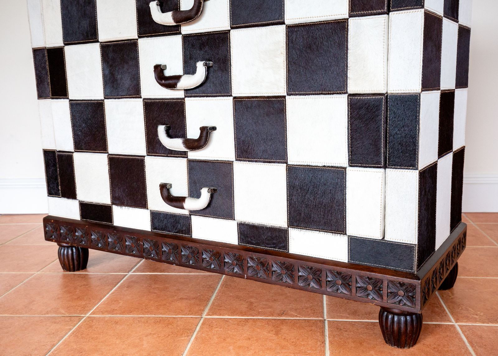 Checkerboard Chest Of Drawers Antique Cowhide Statement Furniture Country House Rock Star Furniture Black And White Patchwork Monochrome photo buy