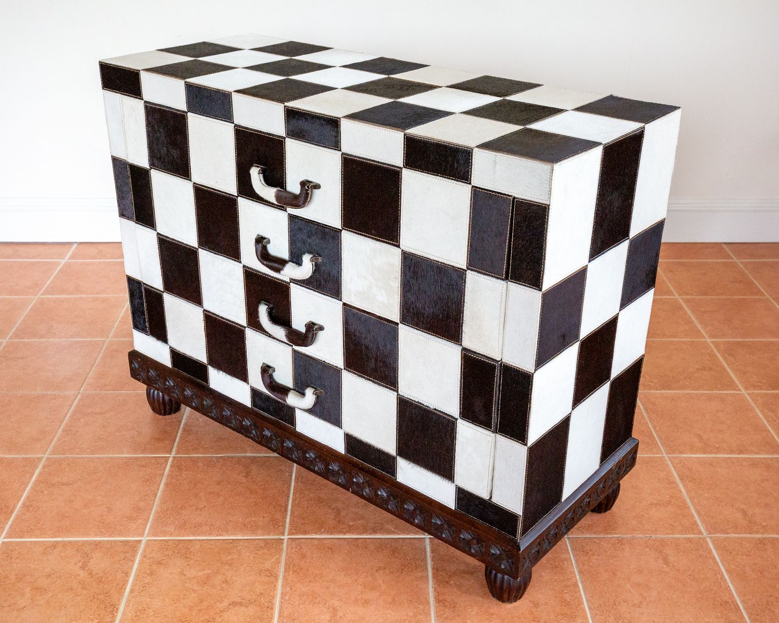 photo furniture Checkerboard Chest Of Drawers Antique Cowhide Statement Furniture Country House Rock Star Furniture Black And White Patchwork Monochrome