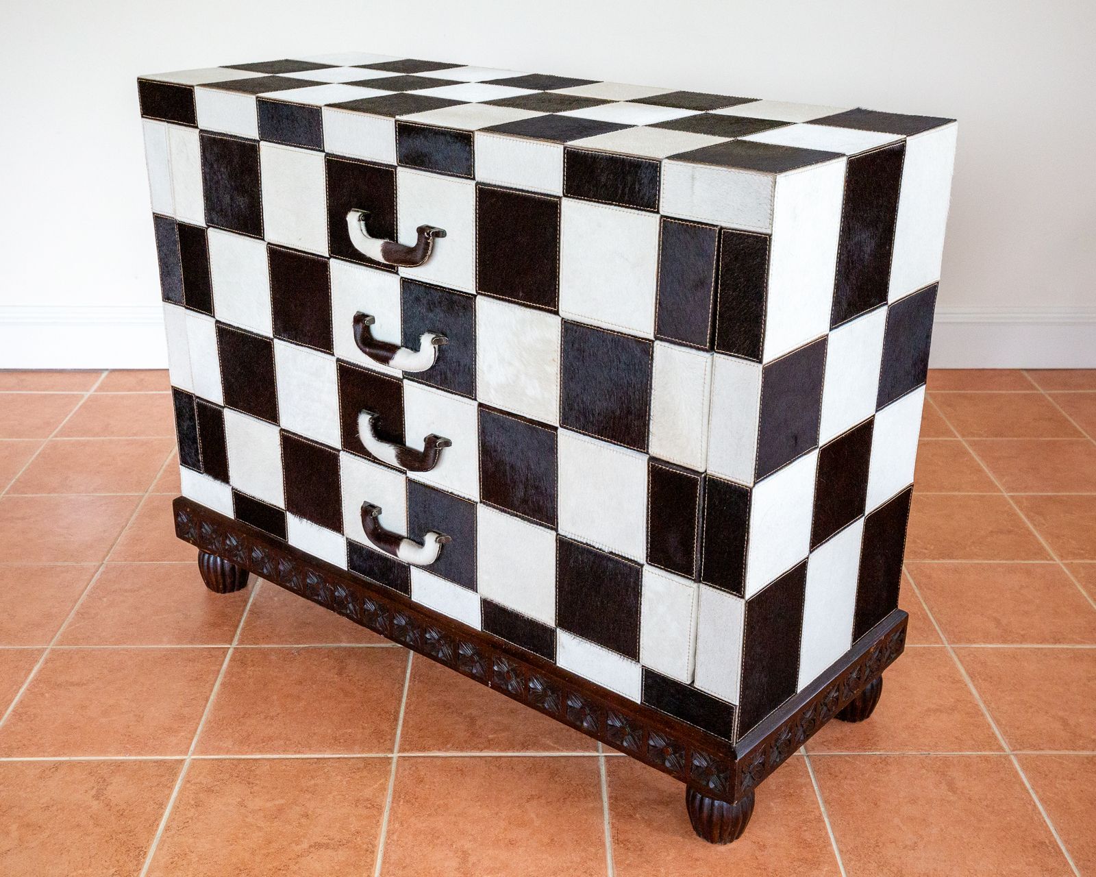 Checkerboard Chest Of Drawers Antique Cowhide Statement Furniture Country House Rock Star Furniture Black And White Patchwork Monochrome photo for sale