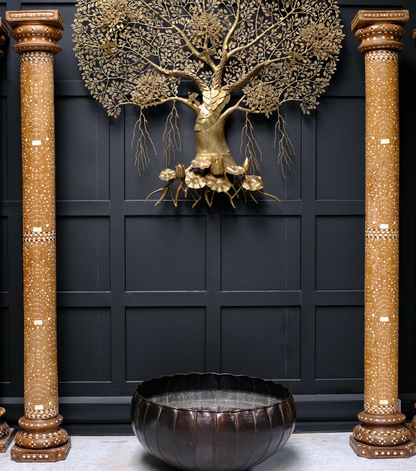 1890s Pair Of Monumental Rajasthani Columns With Hand Carved Camel Bone Inlay – Antique Architectural Pillars From India