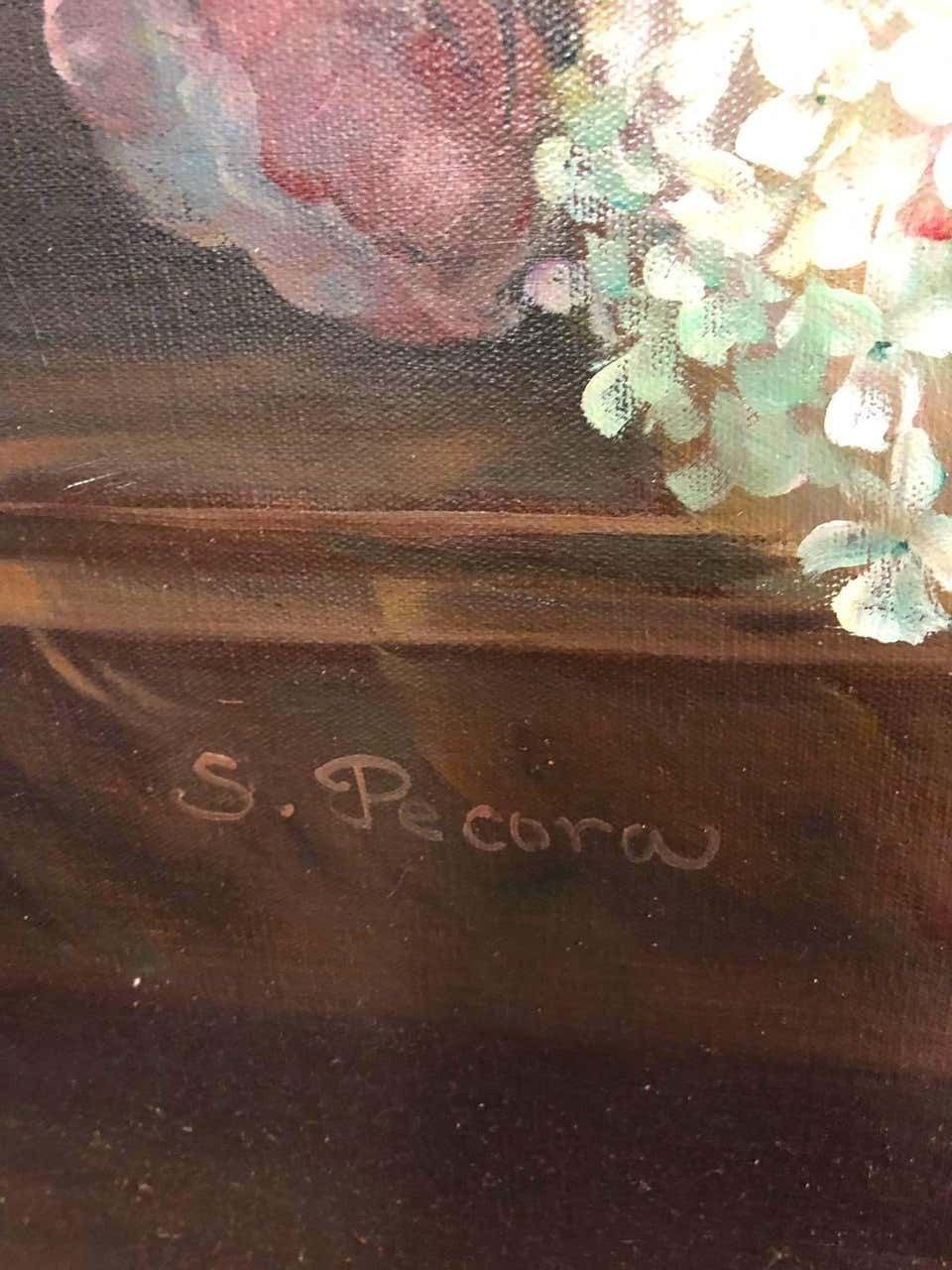 photo vinterior Bouquet Of Carnations Still Life, Signed By S.Pecora, 20th Century