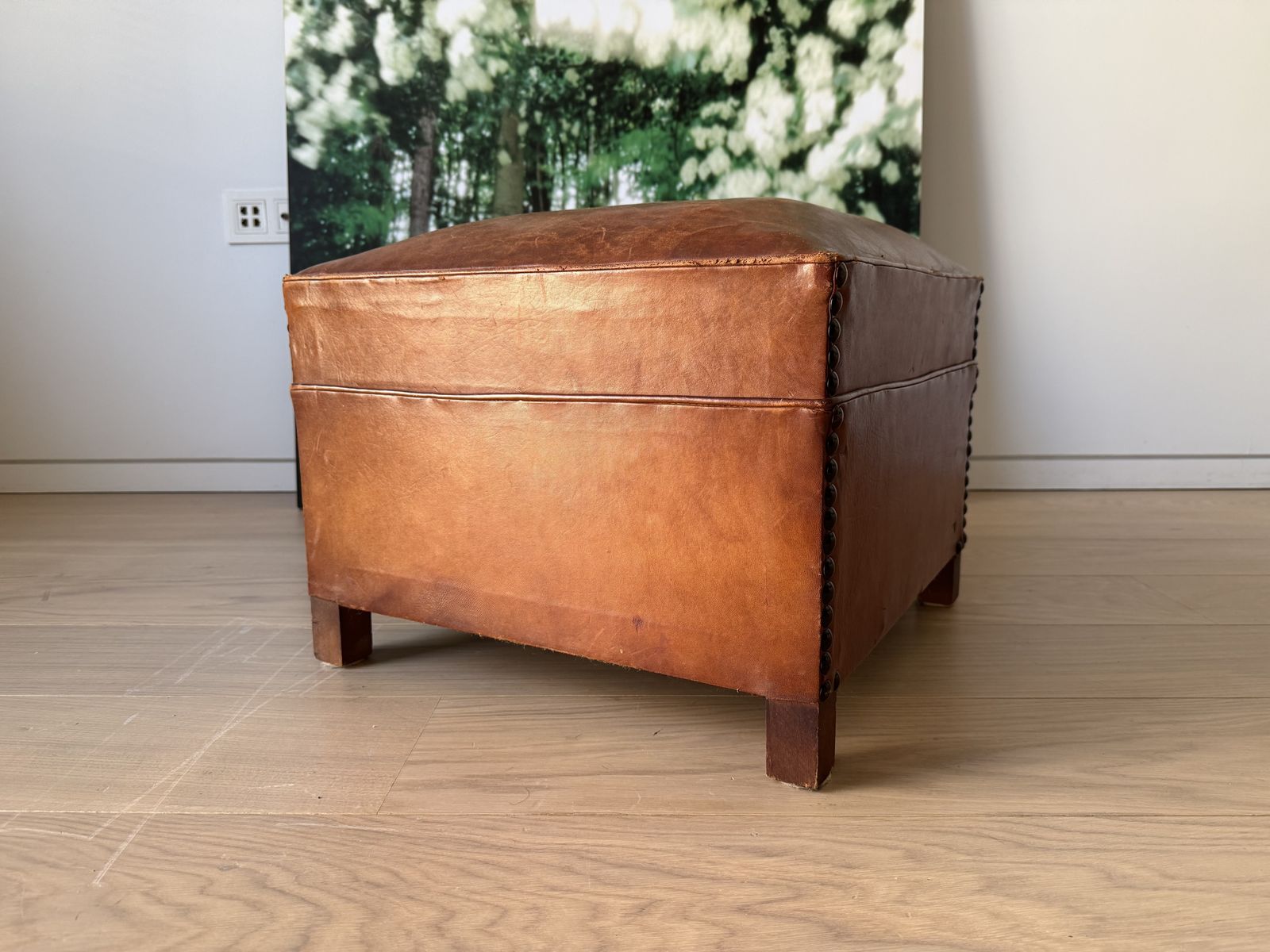 Original French 1940s/50s Leather Pouffe / Ottoman.