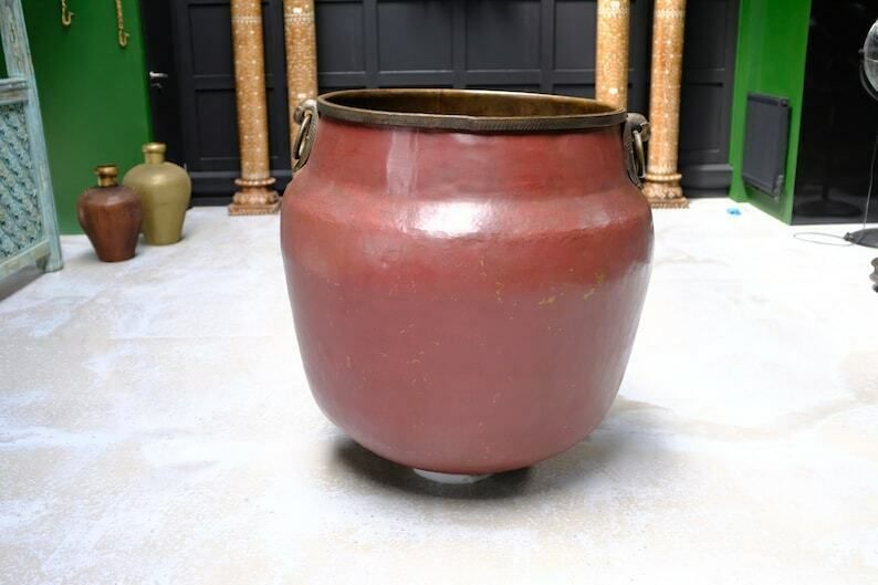 photo for sale 18th Century North Indian Brass Cooking & Water Pot With Red Patina & Ornate Peacock Handles | Antique Temple Kitchen Vessel