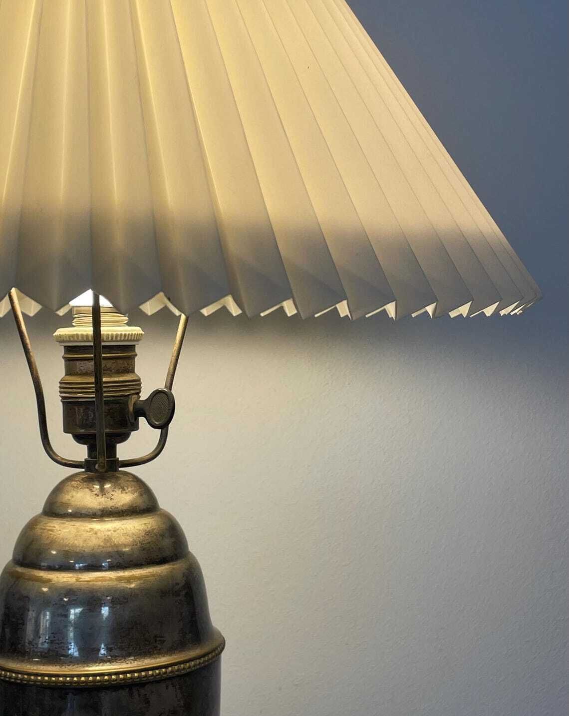 Exclusive Danish Vintage Art Deco Silver Plated Table Lamp With Decoration And Original Le Klint Shade   Design By Gero Sølv, Denmark photo for sale