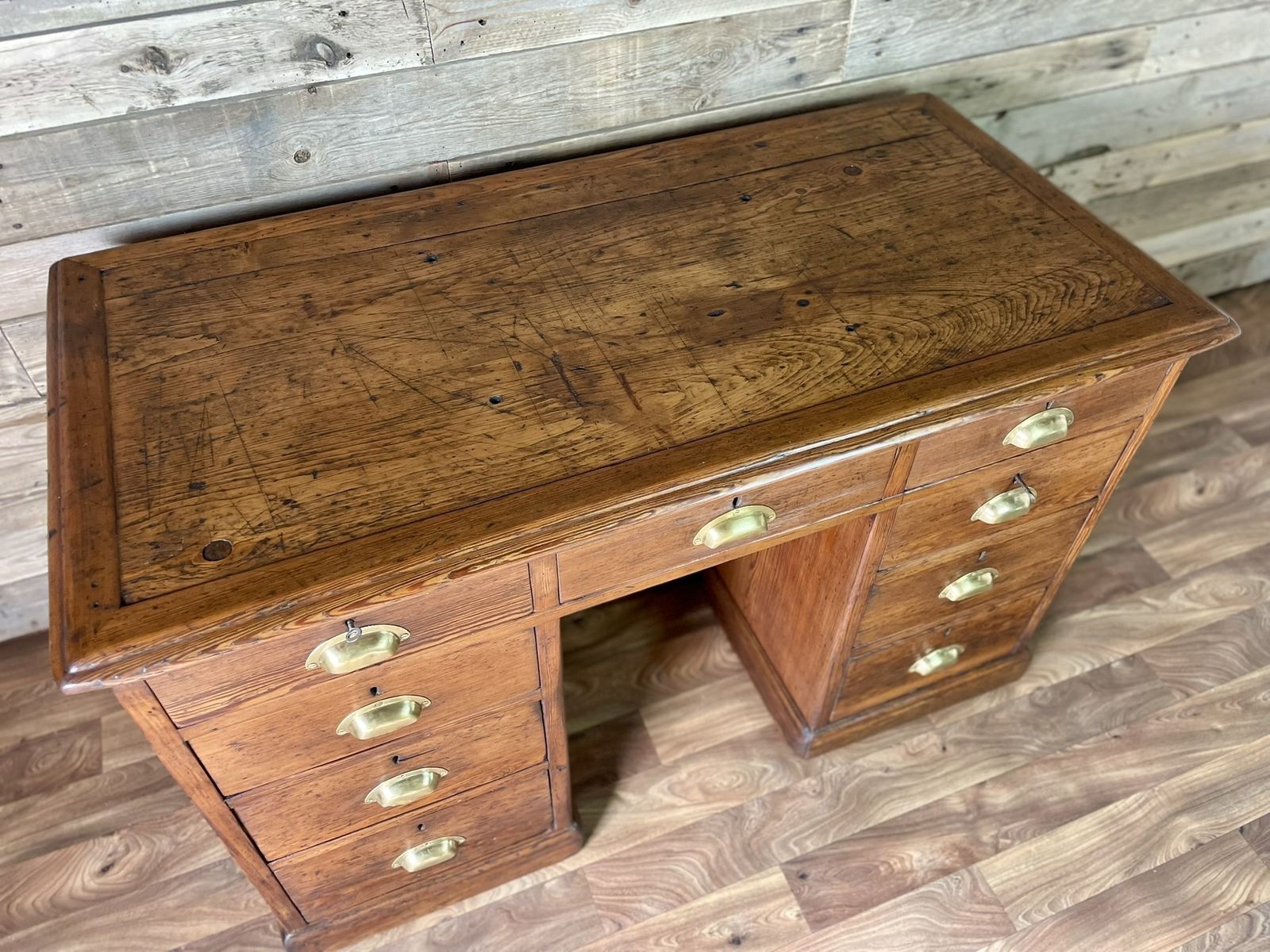2495.0 Antique Pitch Pine Panelled Headmasters School Desk 9 Drawers 2 Keys photo