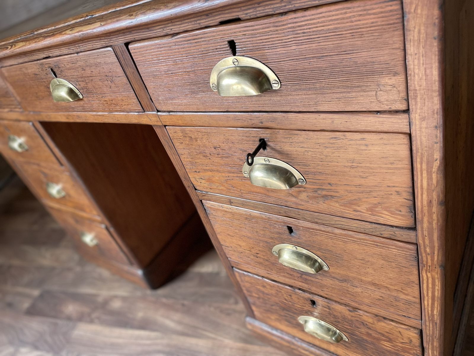 Antique Pitch Pine Panelled Headmasters School Desk 9 Drawers 2 Keys photo vintage