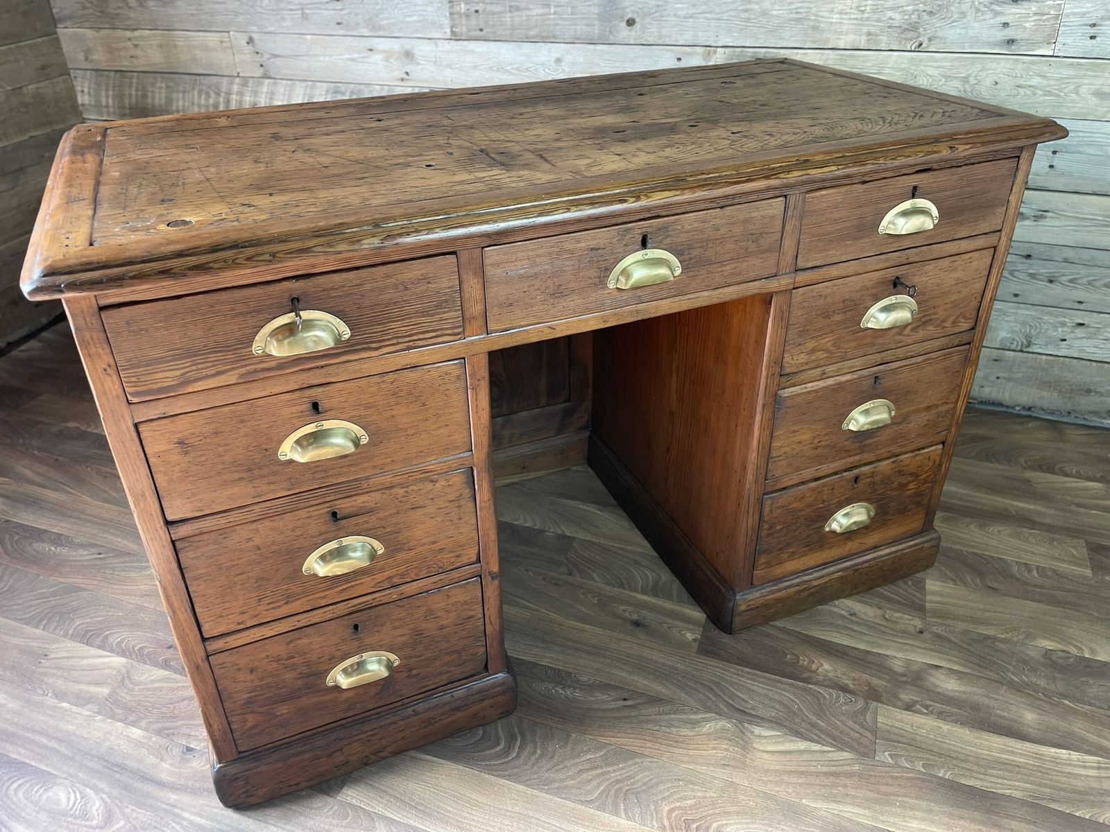 Antique Pitch Pine Panelled Headmasters School Desk 9 Drawers 2 Keys photo furniture