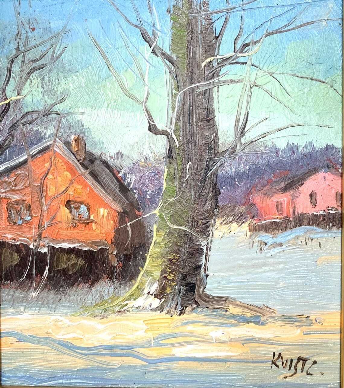 Original Vintage Danish Signed Oil On Plate Painting With Two Houses In A Rural Winter Landscape photo furniture