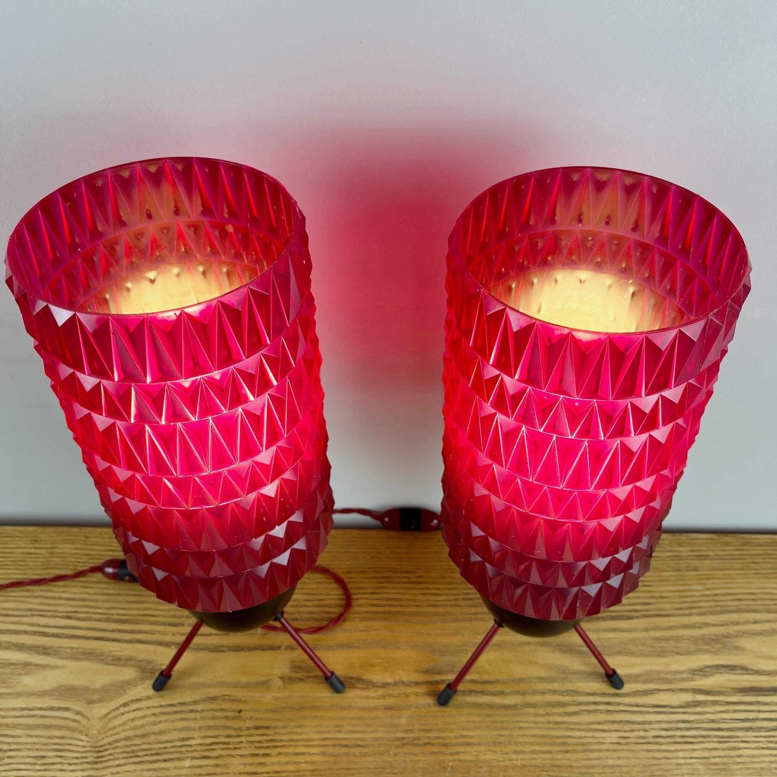 photo for sale Pair Of Mid Century Atomic Burgundy Lamps