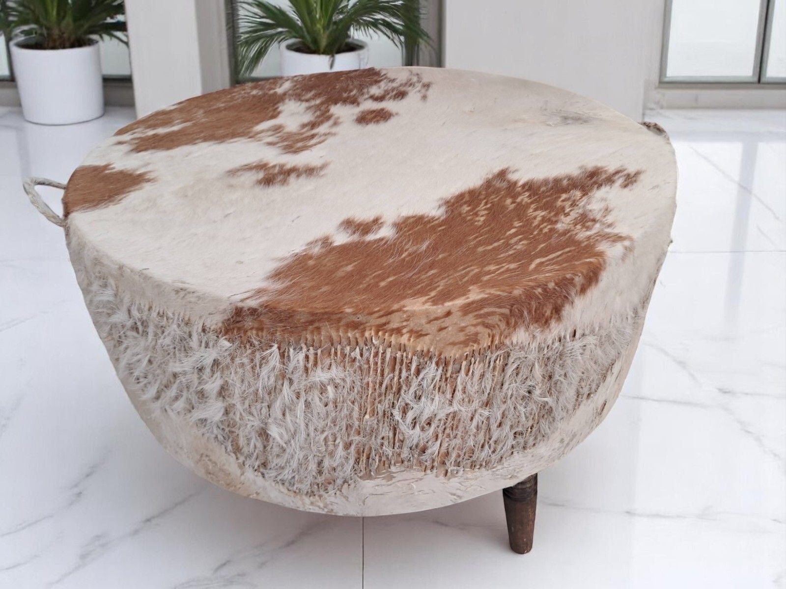 Vintage African Drum Coffee Table Cowhide Table Glass Top Large 1960 photo Furniture