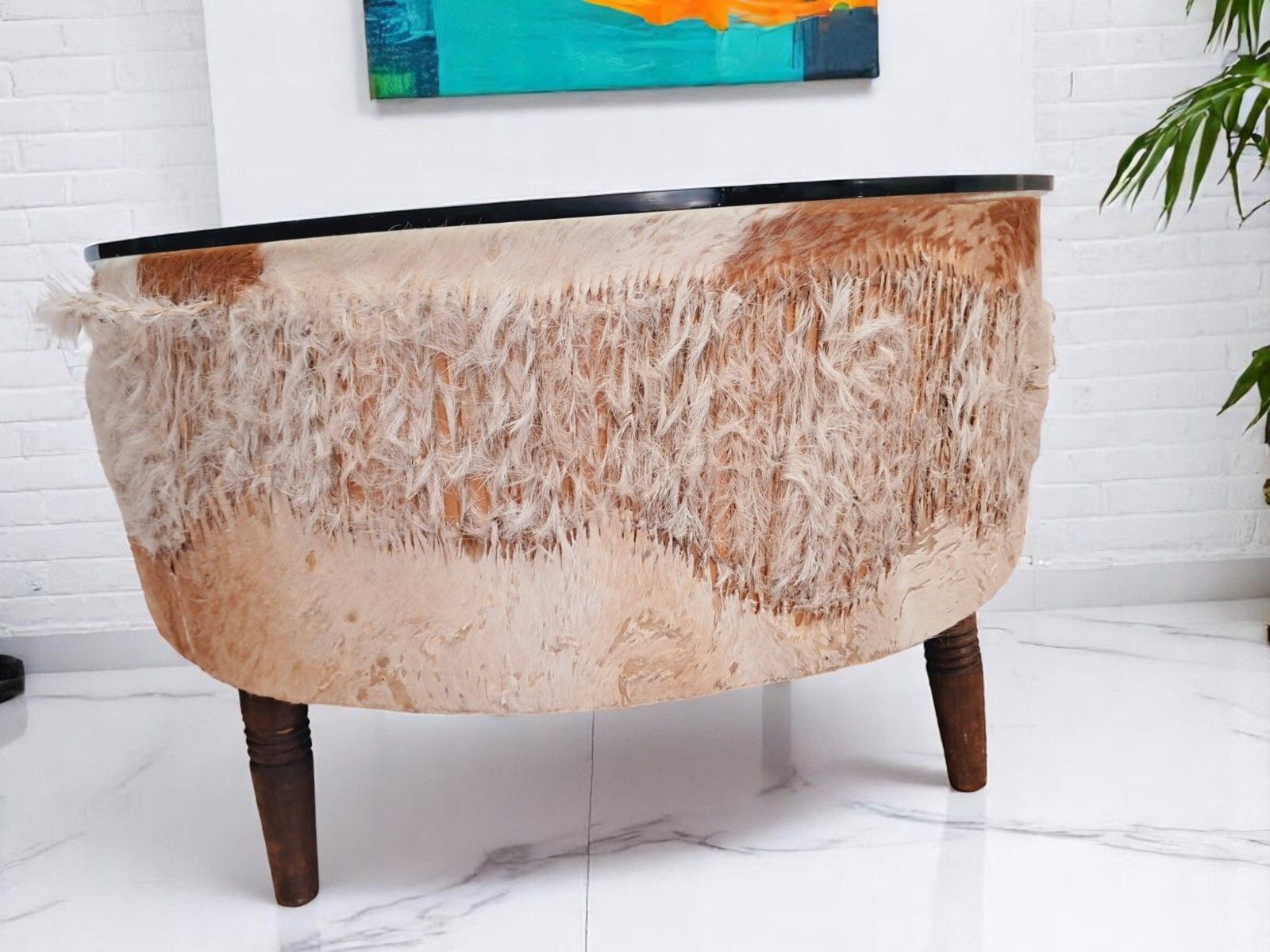 Vintage African Drum Coffee Table Cowhide Table Glass Top Large 1960 photo vintage