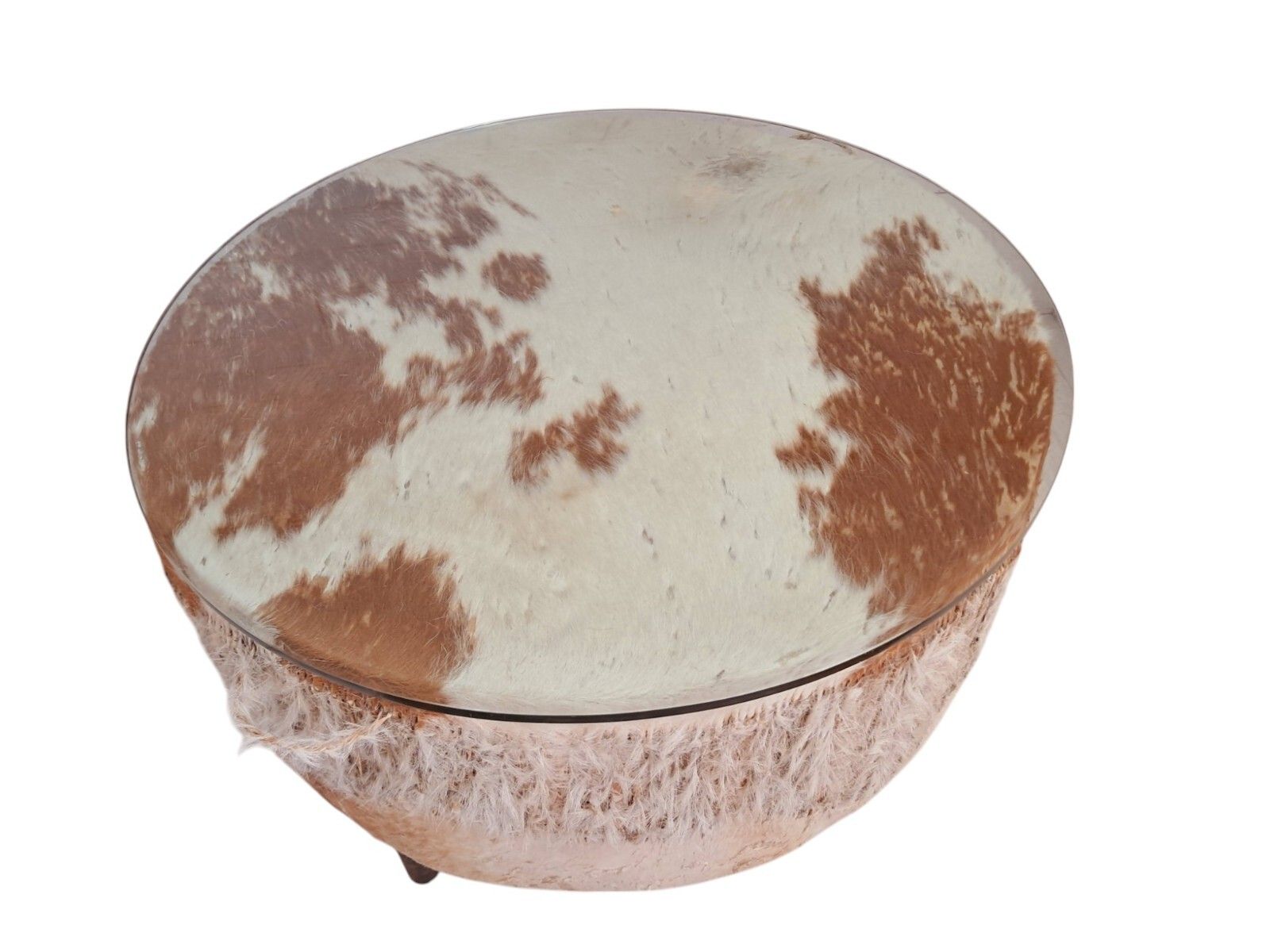 photo vintage Vintage African Drum Coffee Table Cowhide Table Glass Top Large 1960
