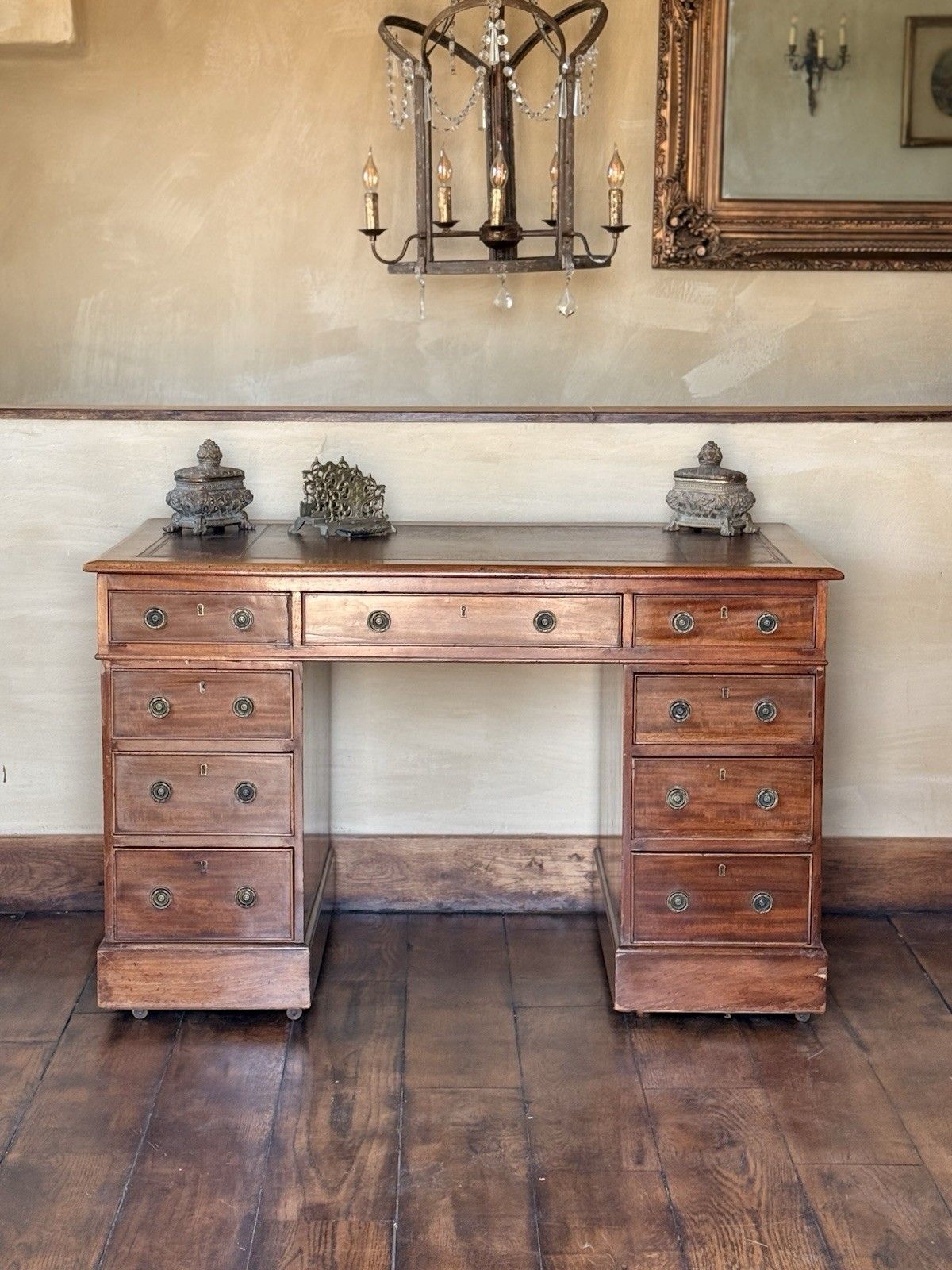 Fine Original Georgian Antique Brown Leather Writing Pedestal Desk Circa 1800's photo buy