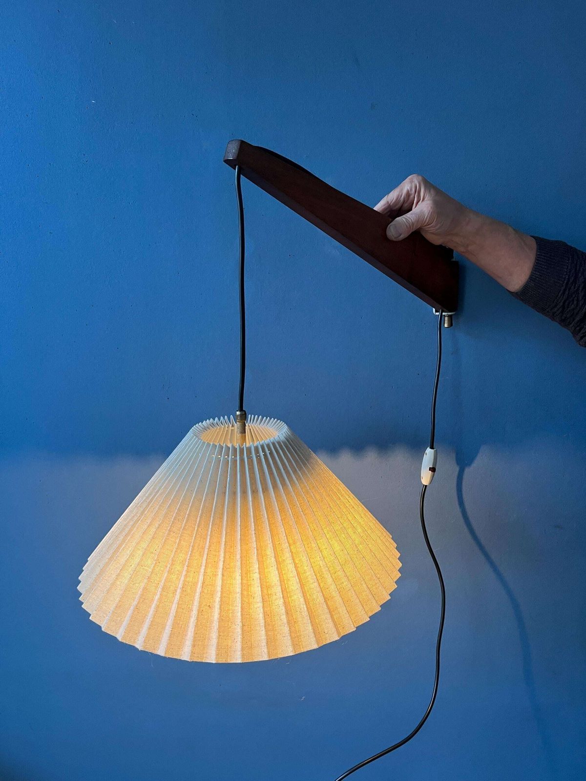 Mid Century Teak Wood Fishing Rod Wall Lamp With Pleated Shade photo furniture