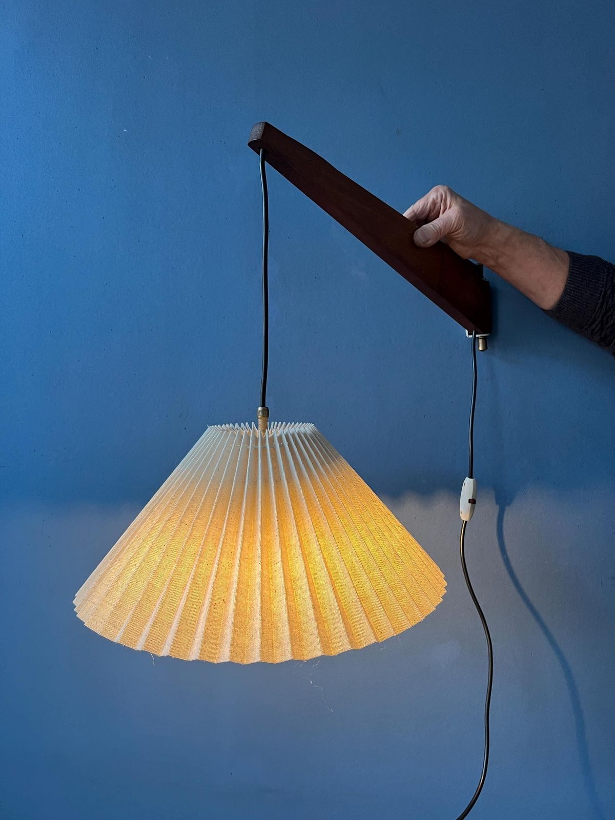 Mid Century Teak Wood Fishing Rod Wall Lamp With Pleated Shade photo for sale
