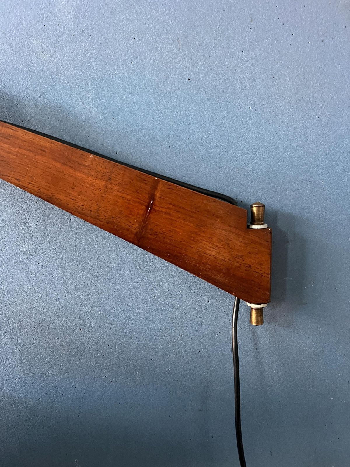 photo for sale Mid Century Teak Wood Fishing Rod Wall Lamp With Pleated Shade