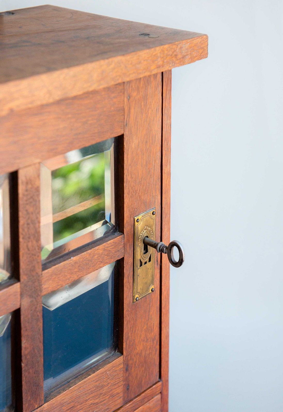Antique Apothecary Chest With Glass Windows, Art Deco Medicine Cabinet, Oak Wooden Display Case, Rustic Bathroom Cabinet With Lock photo for sale