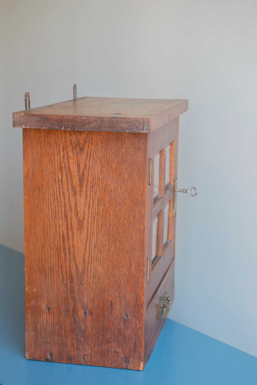 photo furniture Antique Apothecary Chest With Glass Windows, Art Deco Medicine Cabinet, Oak Wooden Display Case, Rustic Bathroom Cabinet With Lock