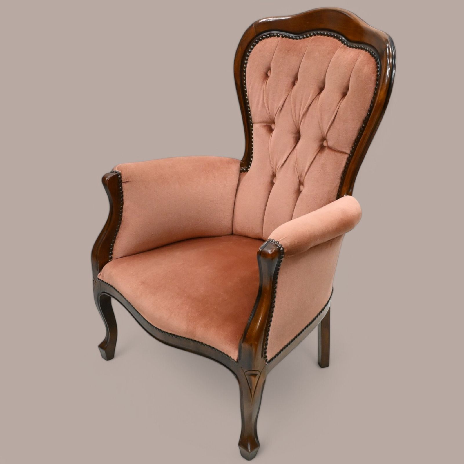 Vintage French Style Easy Armchair Salmon Studded Upholstery Free Delivery