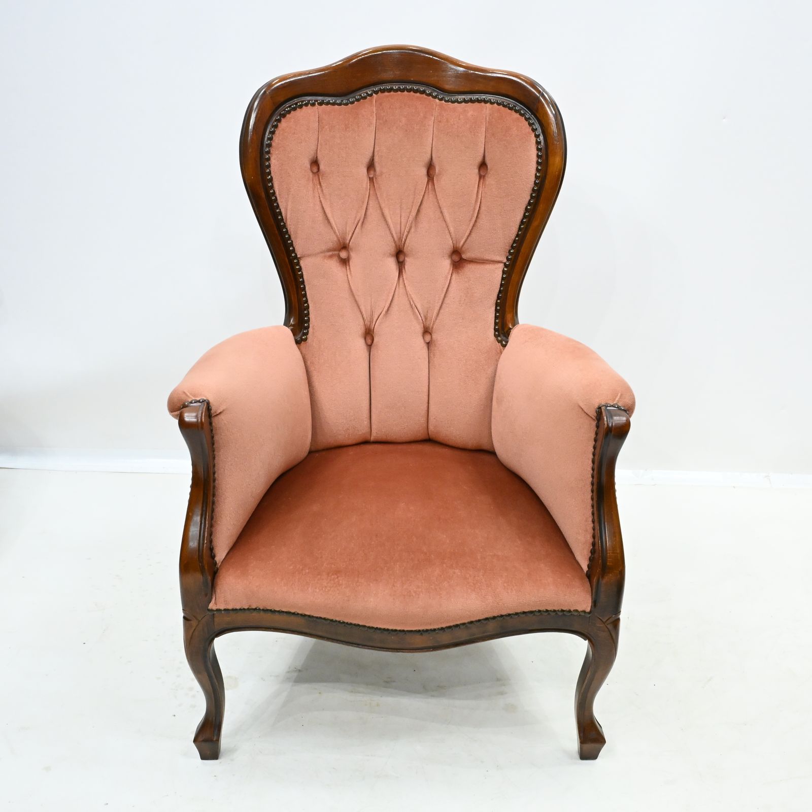 photo furniture Vintage French Style Easy Armchair Salmon Studded Upholstery Free Delivery