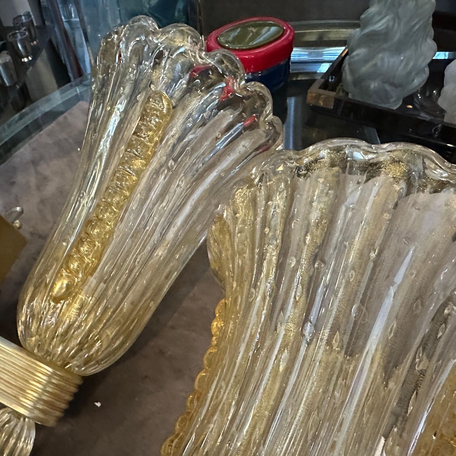 21st Century Barovier Style Modern Amber Murano Glass And Brass Wall Sconces photo vinterior