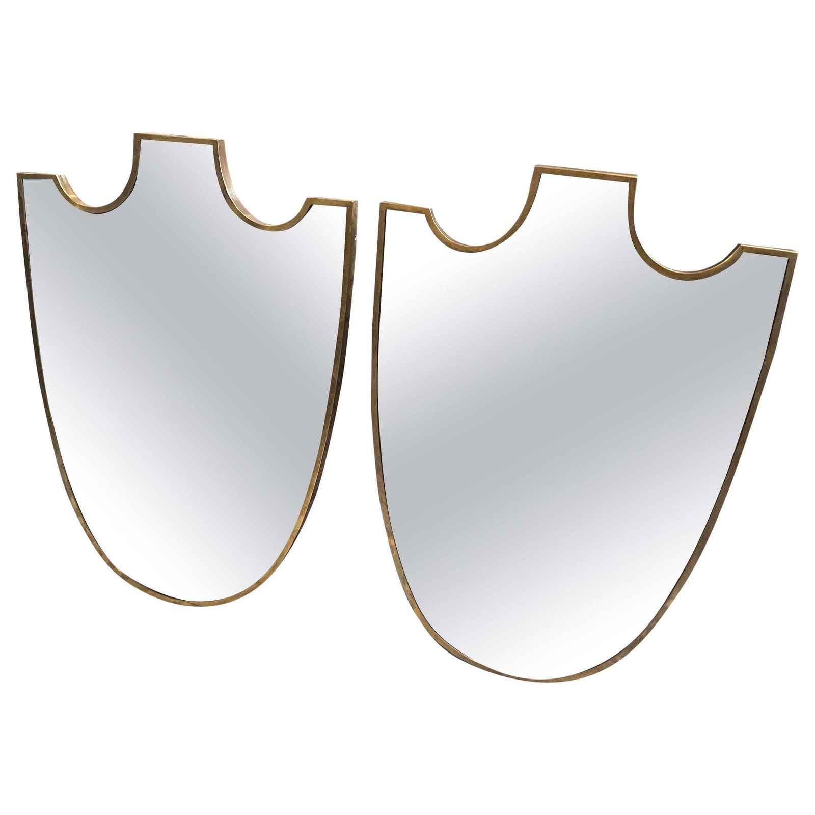 Two 1950s Gio Ponti Style Mid Century Modern Brass Shield Italian Wall Mirrors