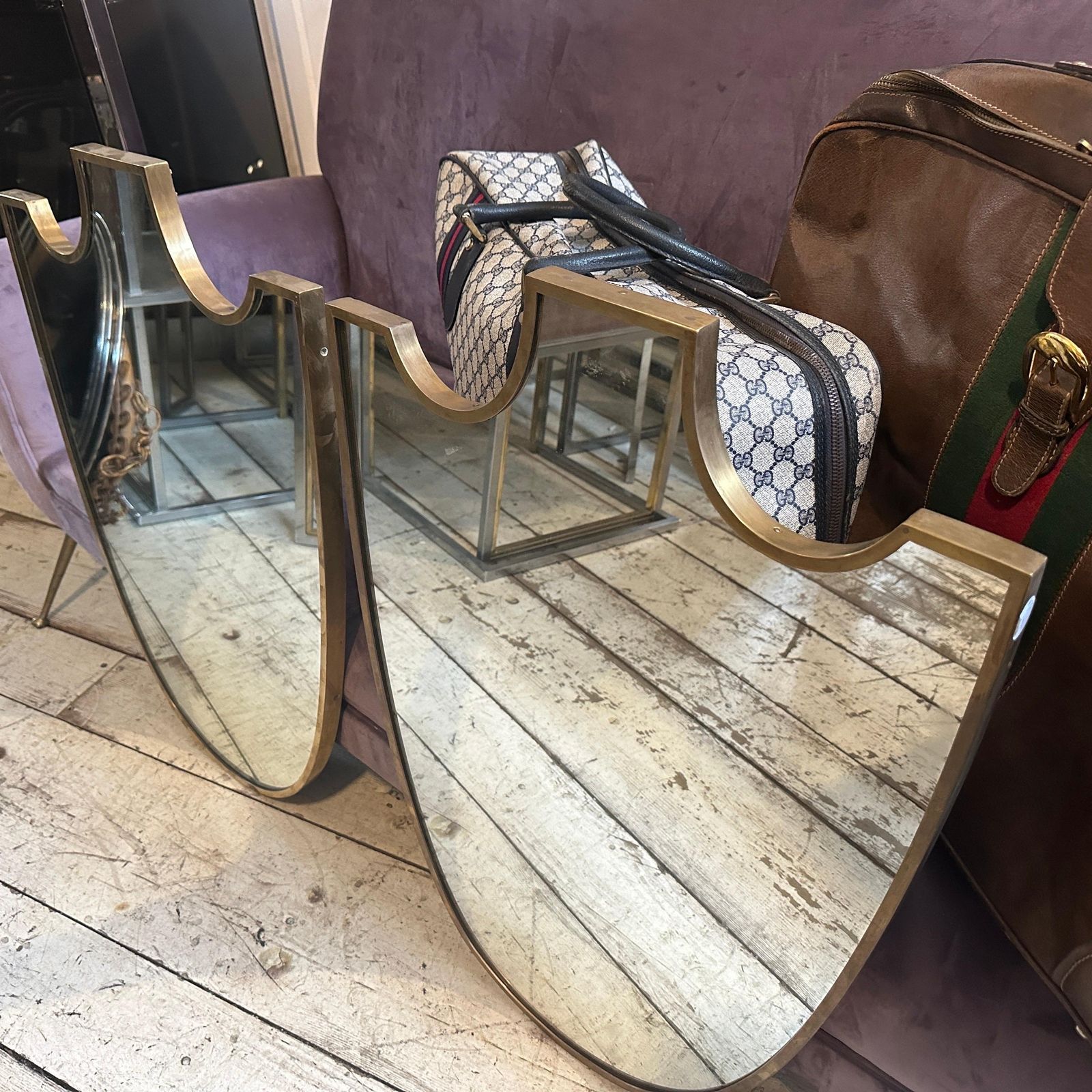 Two 1950s Gio Ponti Style Mid Century Modern Brass Shield Italian Wall Mirrors photo vinterior