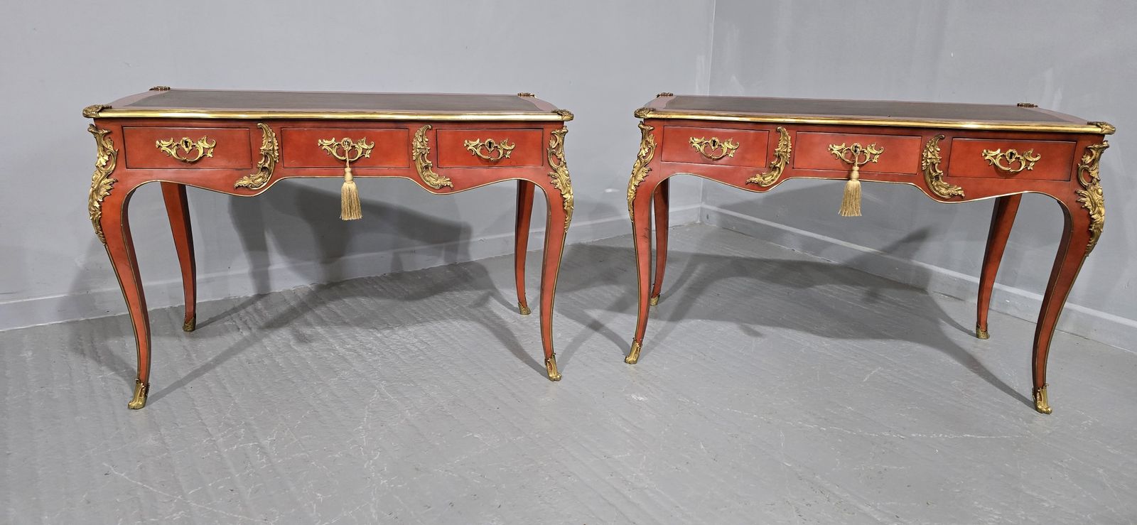 Furniture Outstanding Pair Of Red Laquered Bureau Plat Desks photo