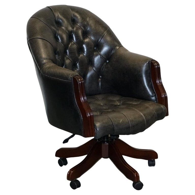 Vintage Chesterfield Dark Aged Grey Leather Directors Swifel Captains Chair