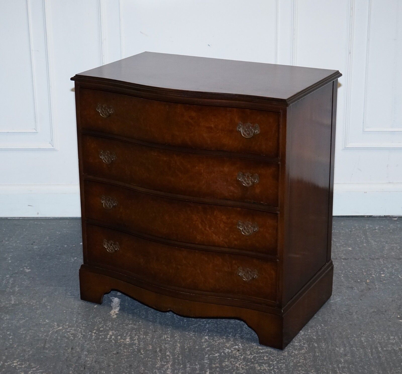 Late 20th Century Burr Walnut Chest Of Drawers With Brass Handles photo for sale