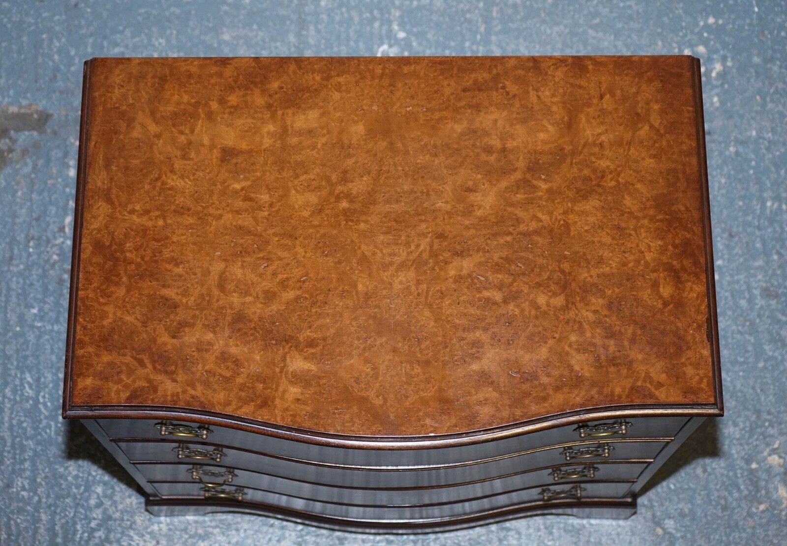 Furniture Late 20th Century Burr Walnut Chest Of Drawers With Brass Handles photo