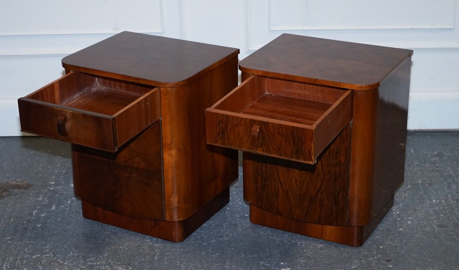 Pair Of 1930's Art Deco Burr Walnut Bedside Tables Nightstands Drawer & Cupboard photo Furniture
