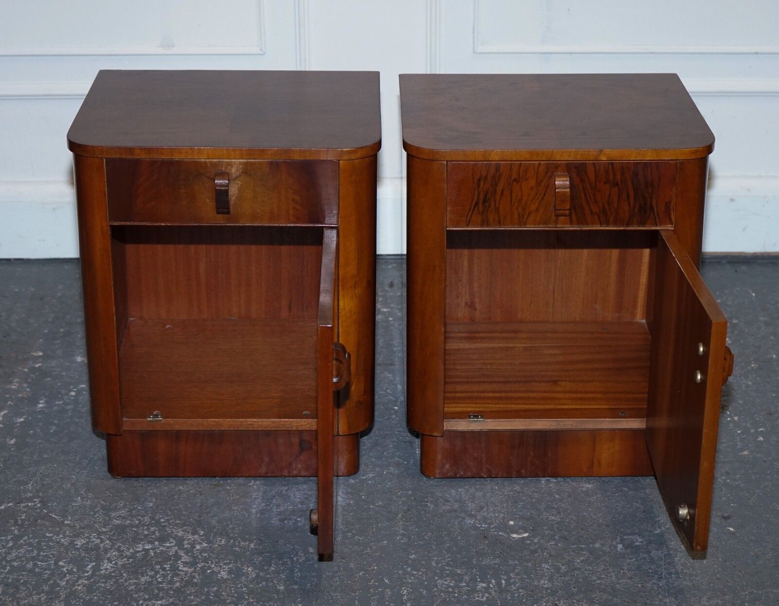 photo for sale Pair Of 1930's Art Deco Burr Walnut Bedside Tables Nightstands Drawer & Cupboard