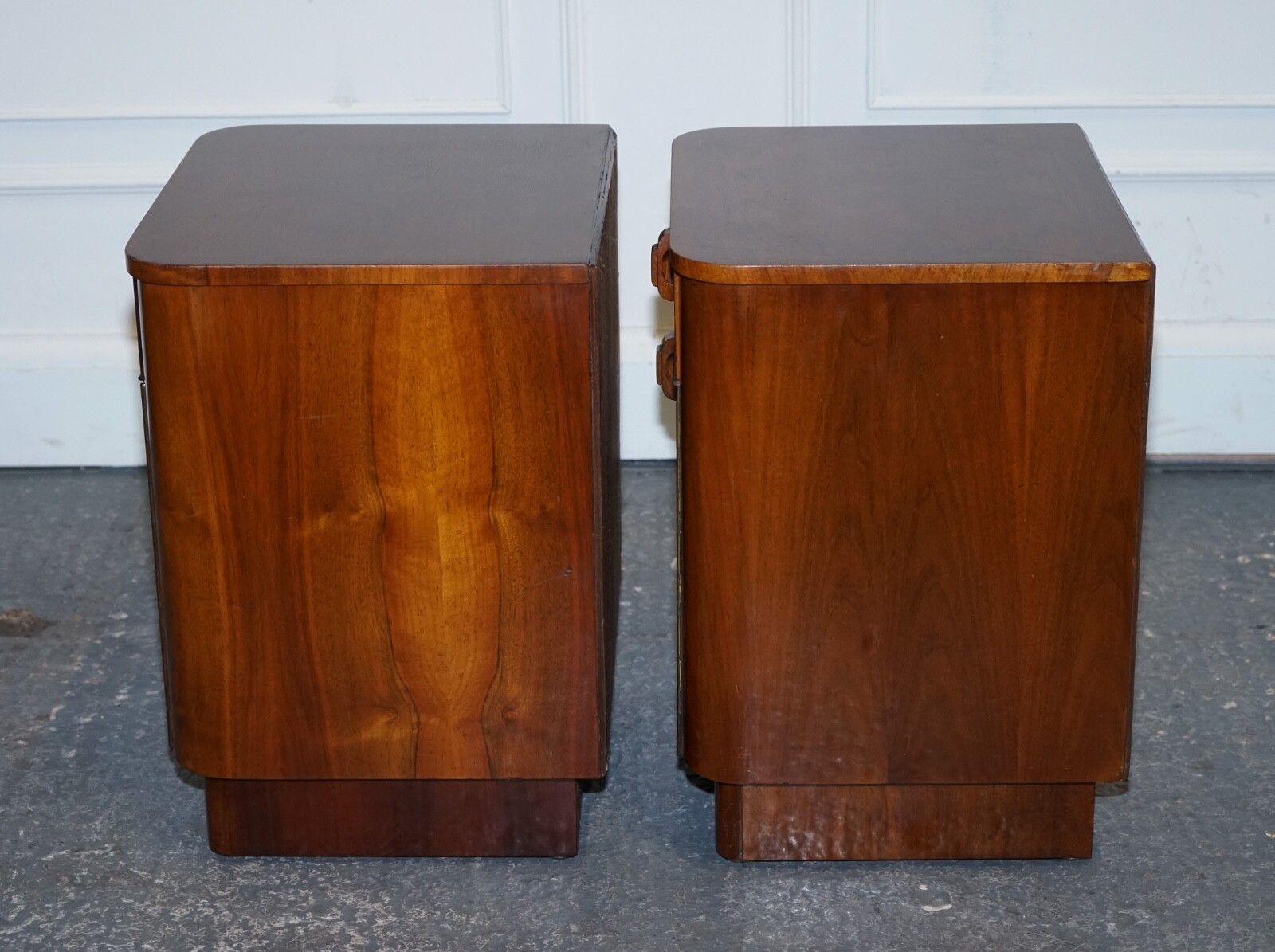photo buy Pair Of 1930's Art Deco Burr Walnut Bedside Tables Nightstands Drawer & Cupboard