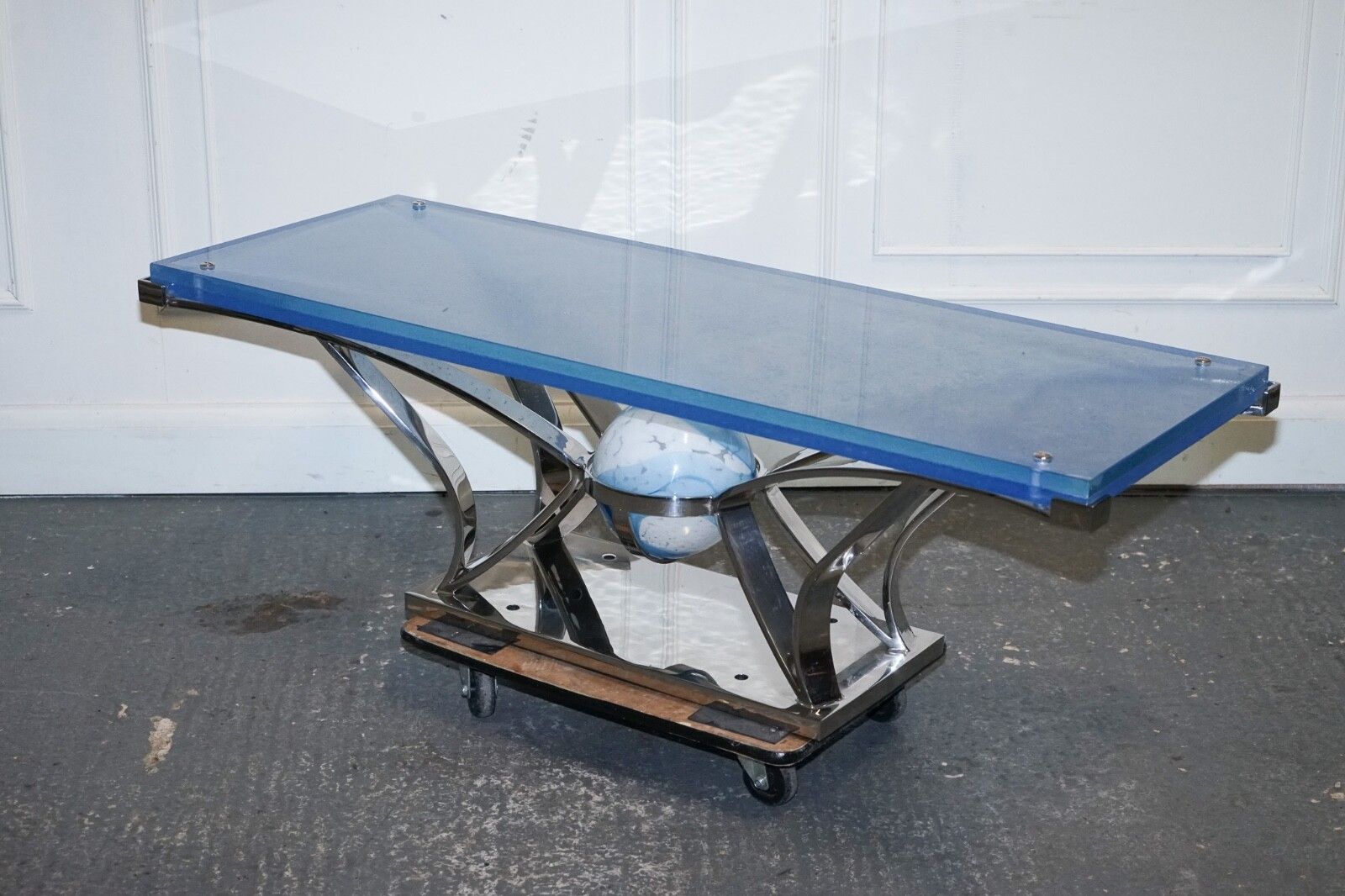 Rare Custom Hand Made Glass Marine Grade Stainless Steel Coffee Table By Soliart photo for sale