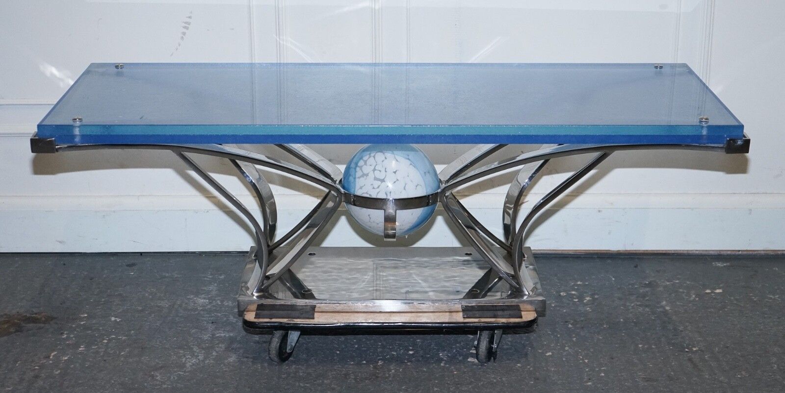 photo vintage Rare Custom Hand Made Glass Marine Grade Stainless Steel Coffee Table By Soliart