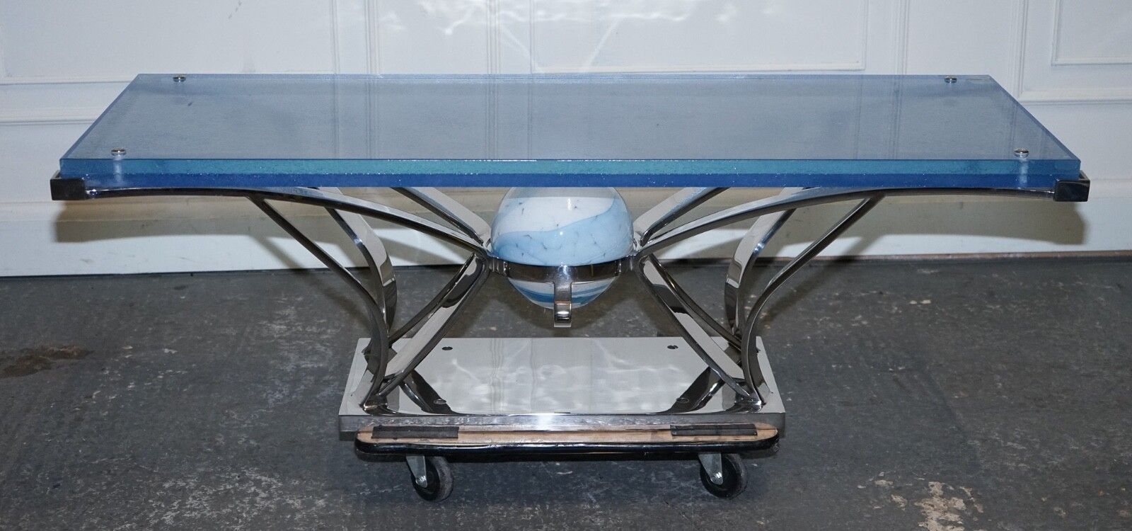 photo vintage Rare Custom Hand Made Glass Marine Grade Stainless Steel Coffee Table By Soliart