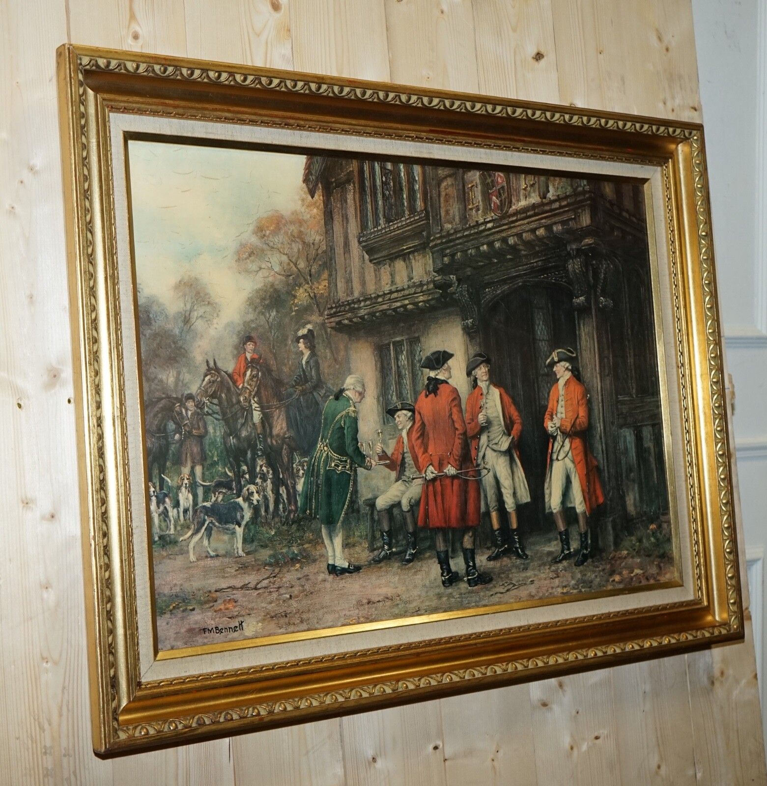 Oil Painting In Manner Of F.M.  Bennett Meet At The Lodge' Gilt Style Frame photo for sale