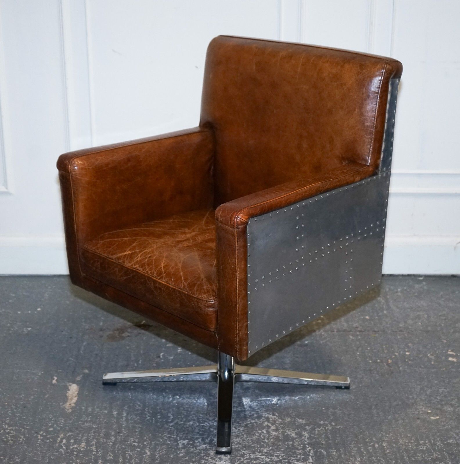 Vintage Brown Leather Aviator Metal Swivel Office Captains Armchair photo for sale