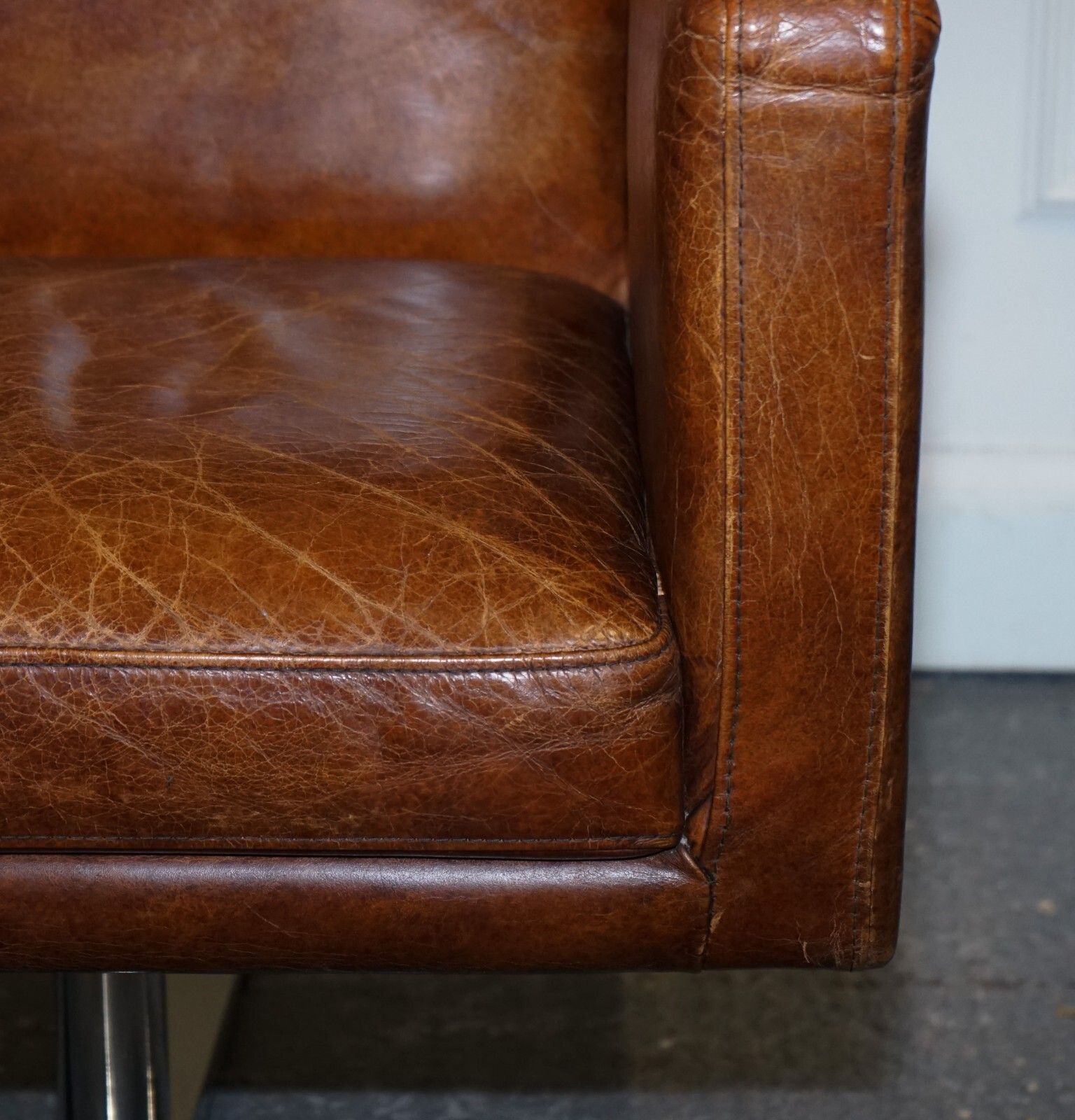 Vintage Brown Leather Aviator Metal Swivel Office Captains Armchair photo vintage