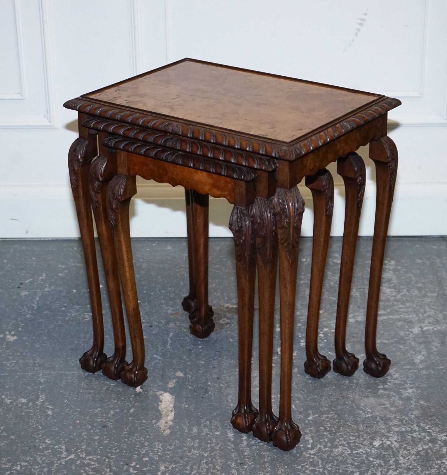 Stunning Burr Walnut Nest Of  Three Tables Carved Claw & Ball Feet photo for sale