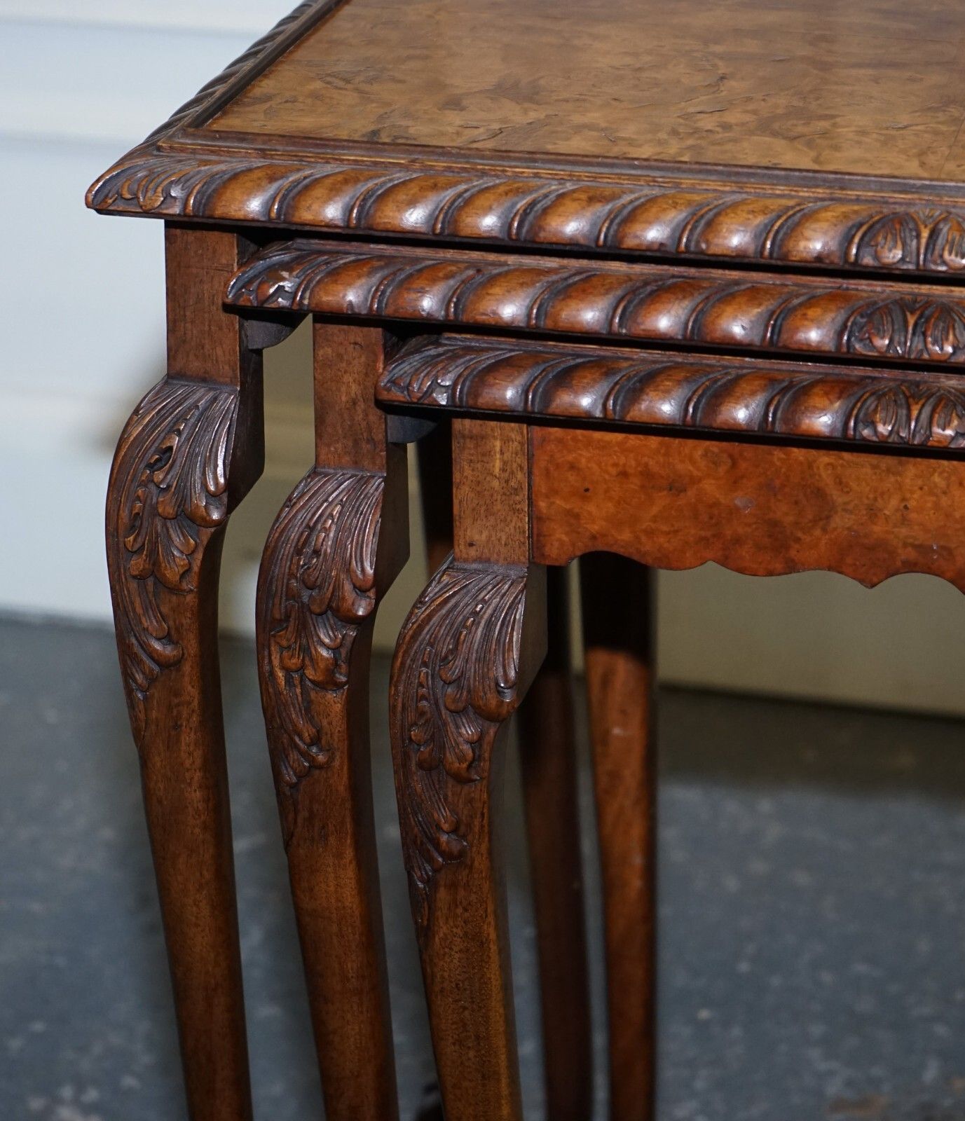 Stunning Burr Walnut Nest Of  Three Tables Carved Claw & Ball Feet photo buy
