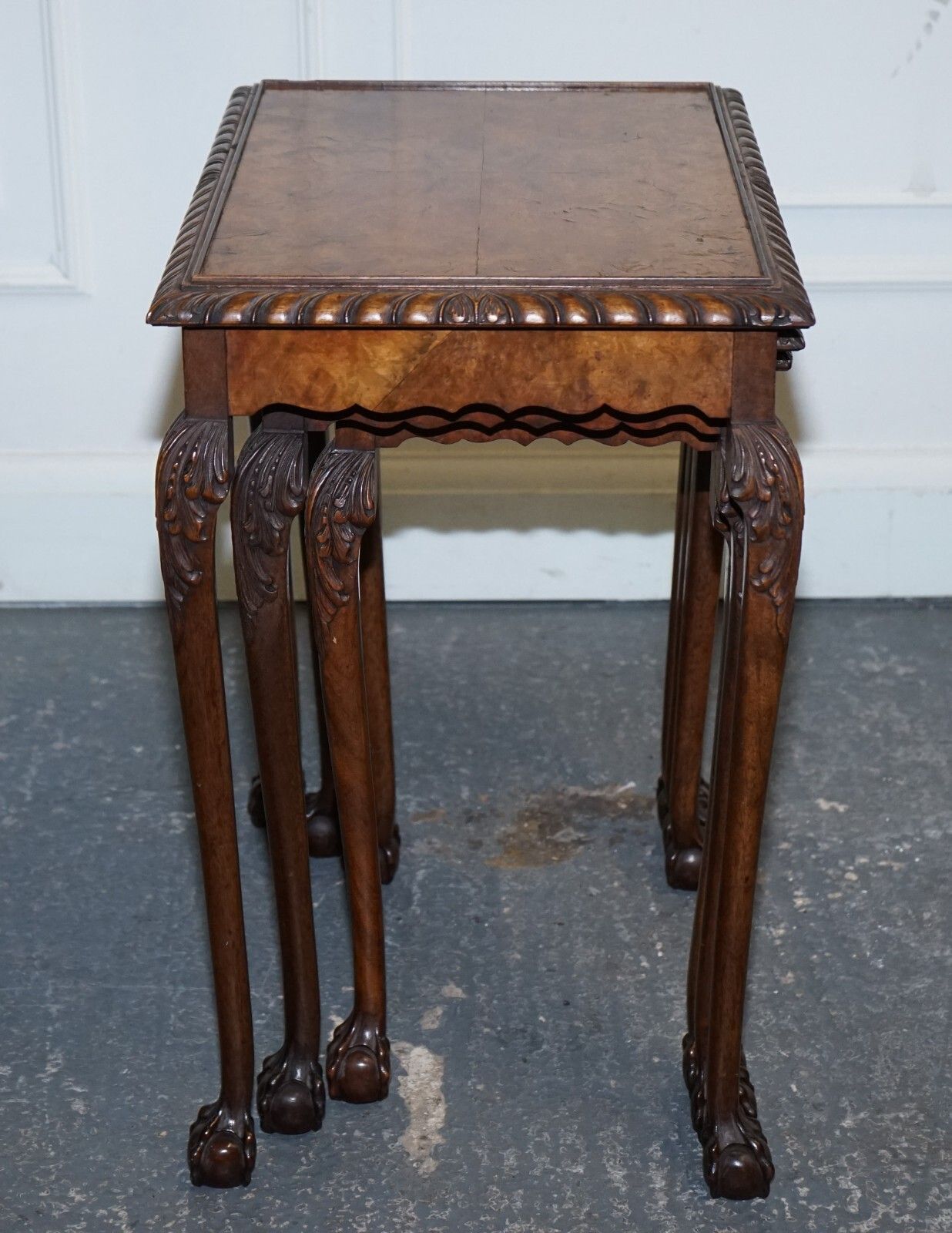 photo furniture Stunning Burr Walnut Nest Of  Three Tables Carved Claw & Ball Feet