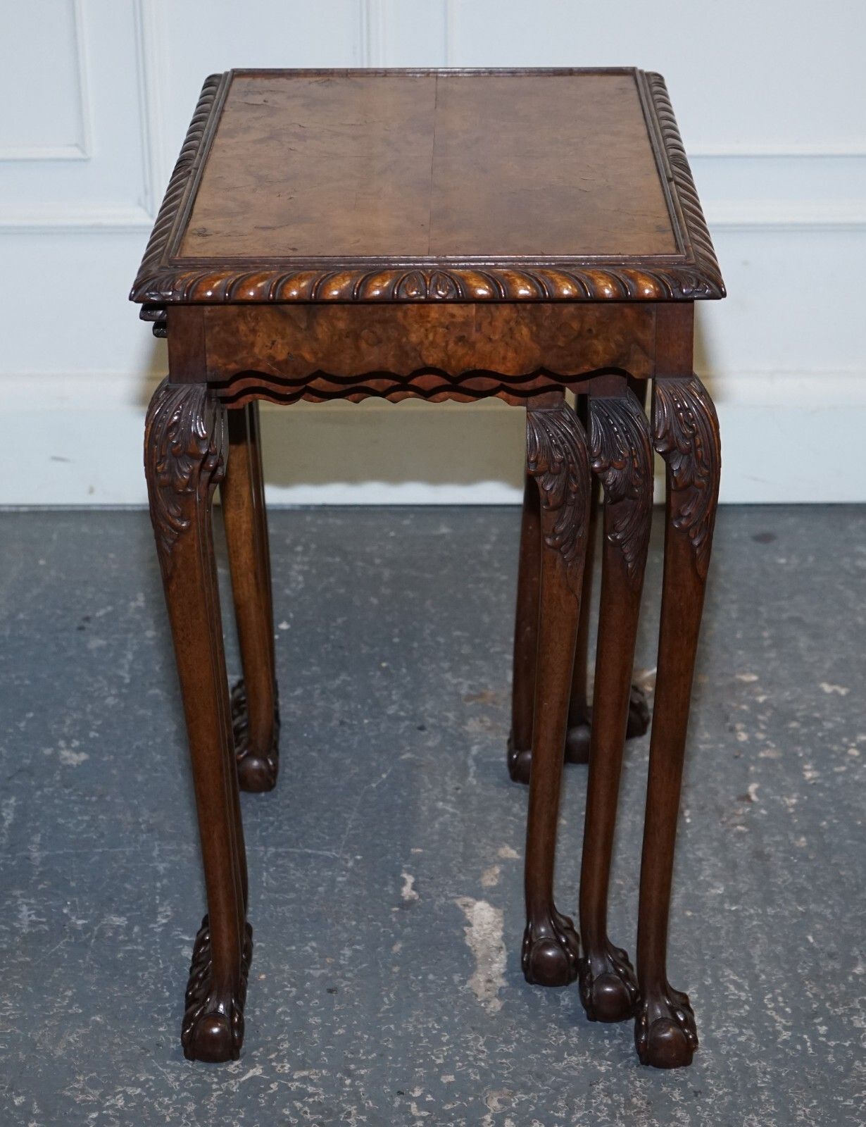 photo for sale Stunning Burr Walnut Nest Of  Three Tables Carved Claw & Ball Feet